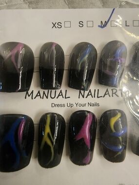 Molo Black Press-On Nails with Pink Blue and Yellow Swirl Accent